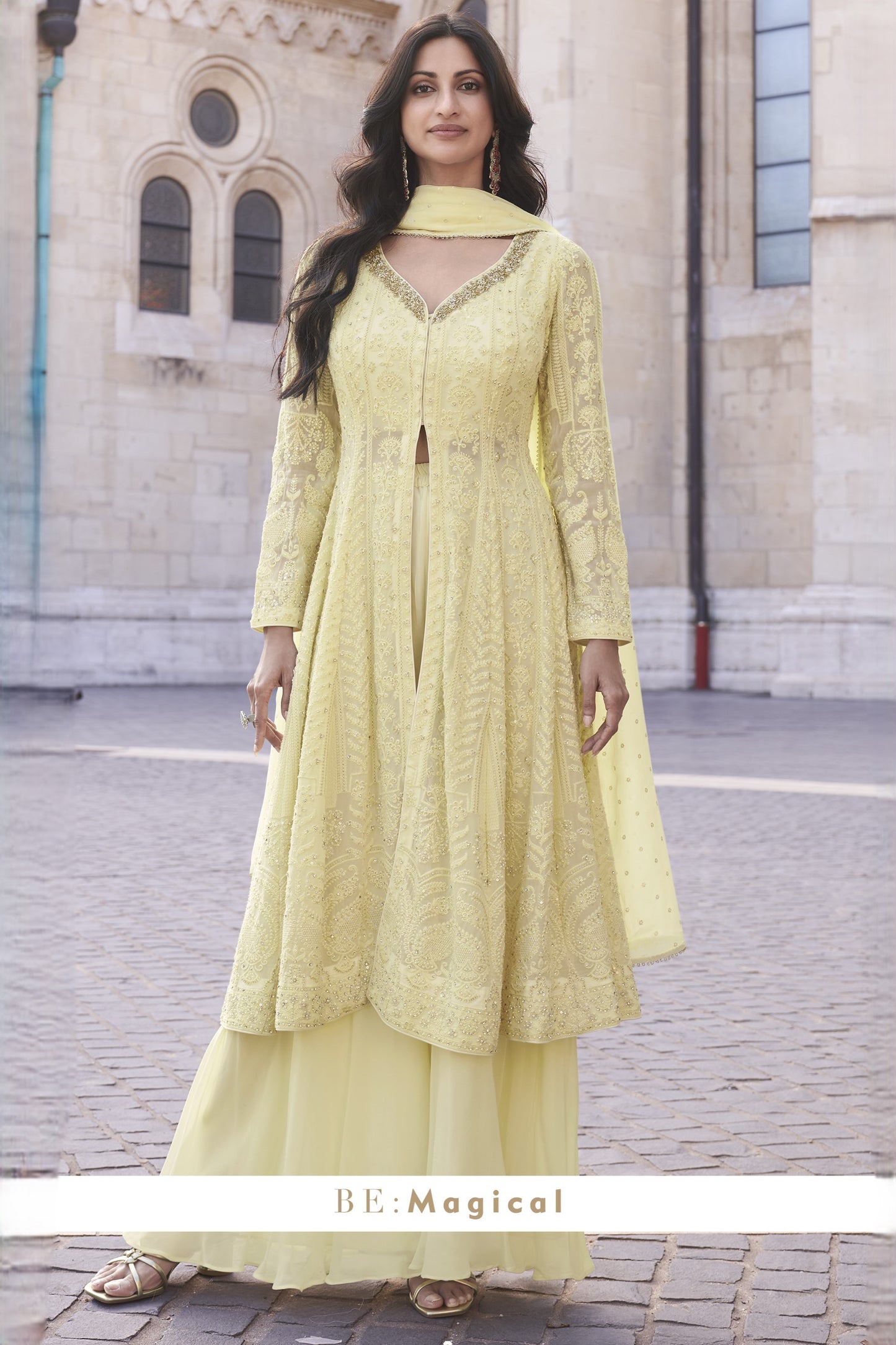 Light Yellow Georgette Palazzo Suit Dress For Indian Festivals & Pakistani Weddings - Embroidery Work