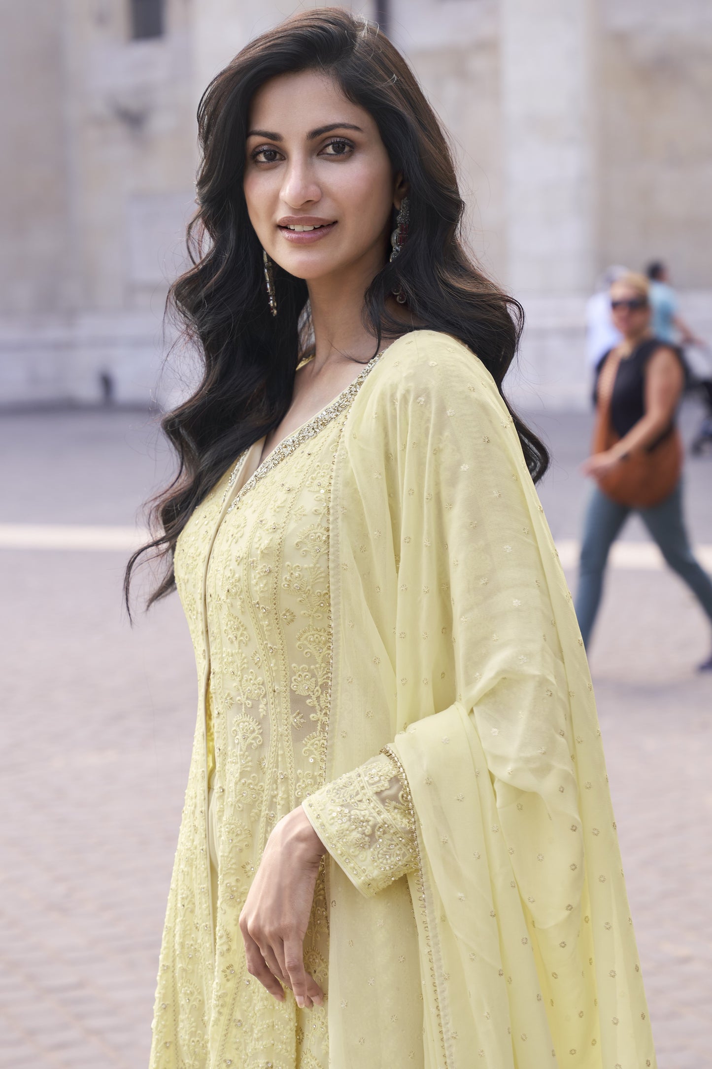 Light Yellow Georgette Palazzo Suit Dress For Indian Festivals & Pakistani Weddings - Embroidery Work