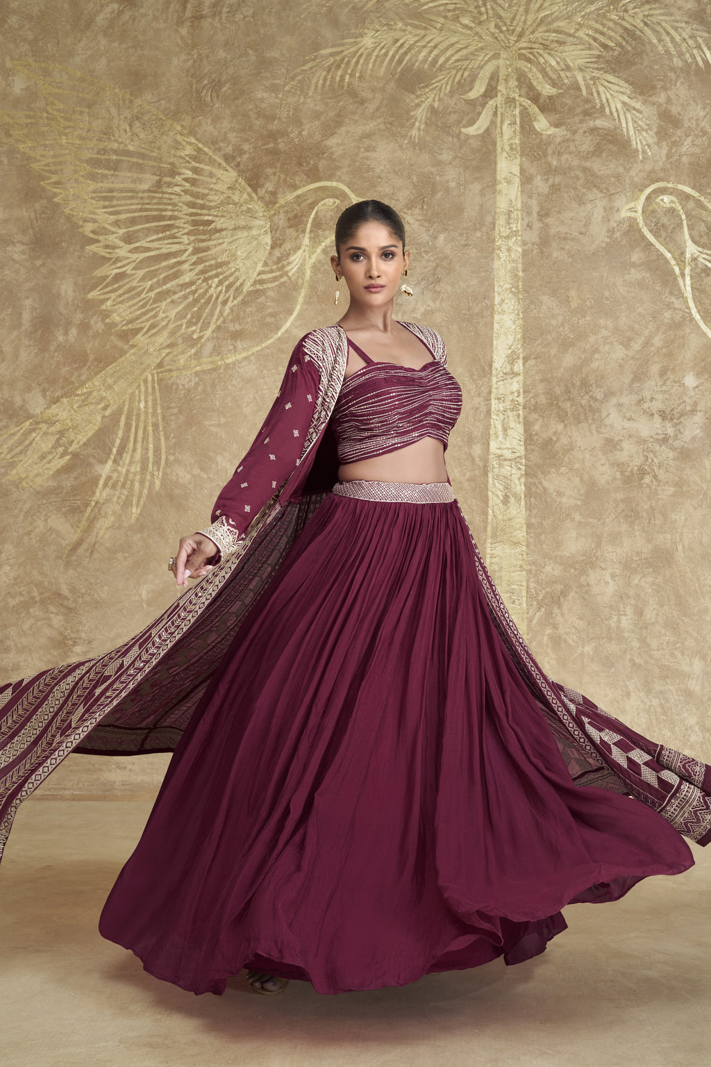 Maroon Chinon Silk Lehenga Choli with Koti For Indian Festivals & Pakistani Weddings Dress - Embroidery Work