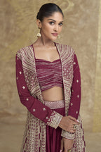 Maroon Chinon Silk Lehenga Choli with Koti For Indian Festivals & Pakistani Weddings Dress - Embroidery Work
