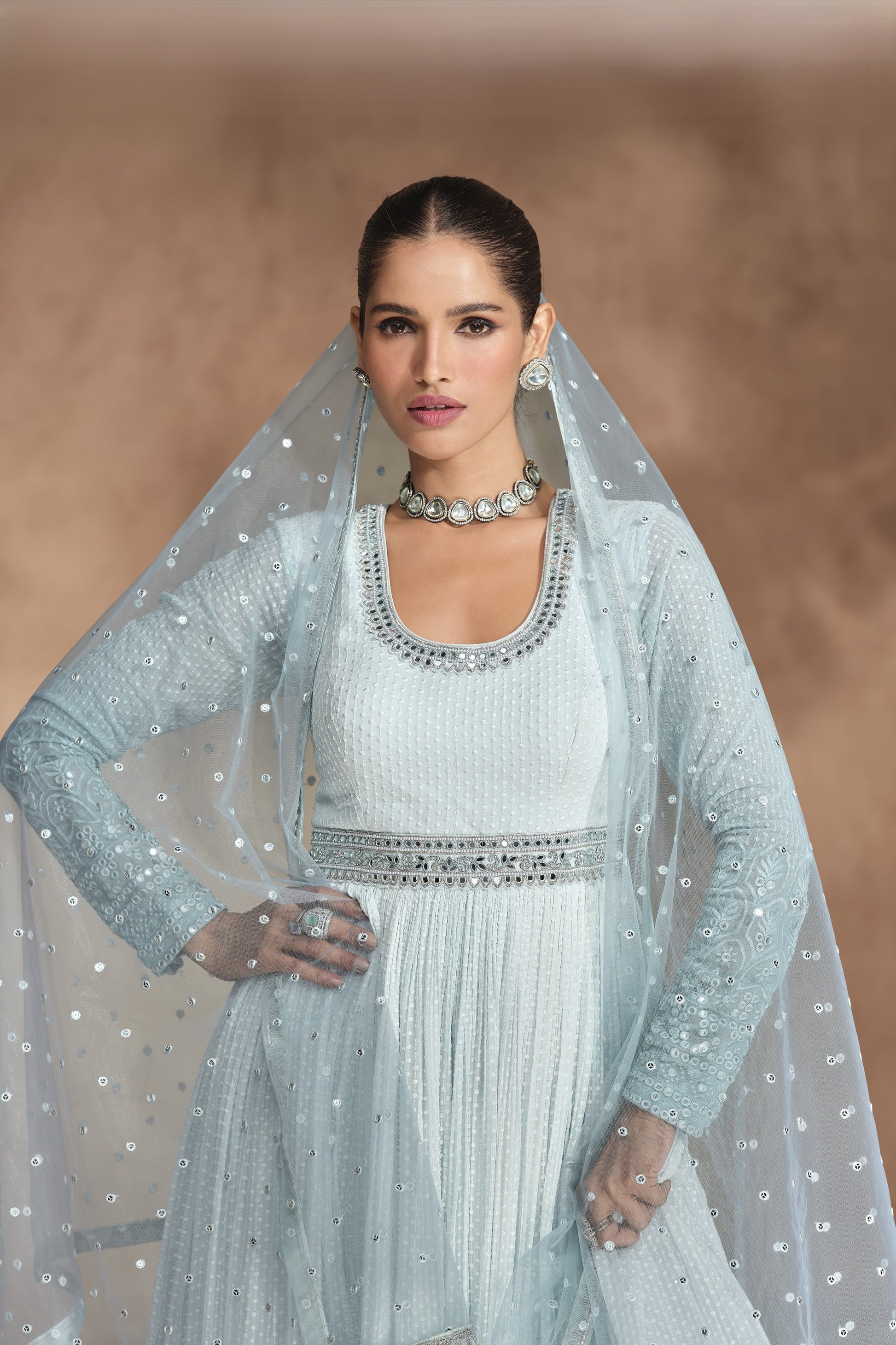 Sky Blue Dual Color Georgette Floor Full Length Anarkali Suit Dress For Indian Festivals & Weddings - Chikankari Embroidery Work