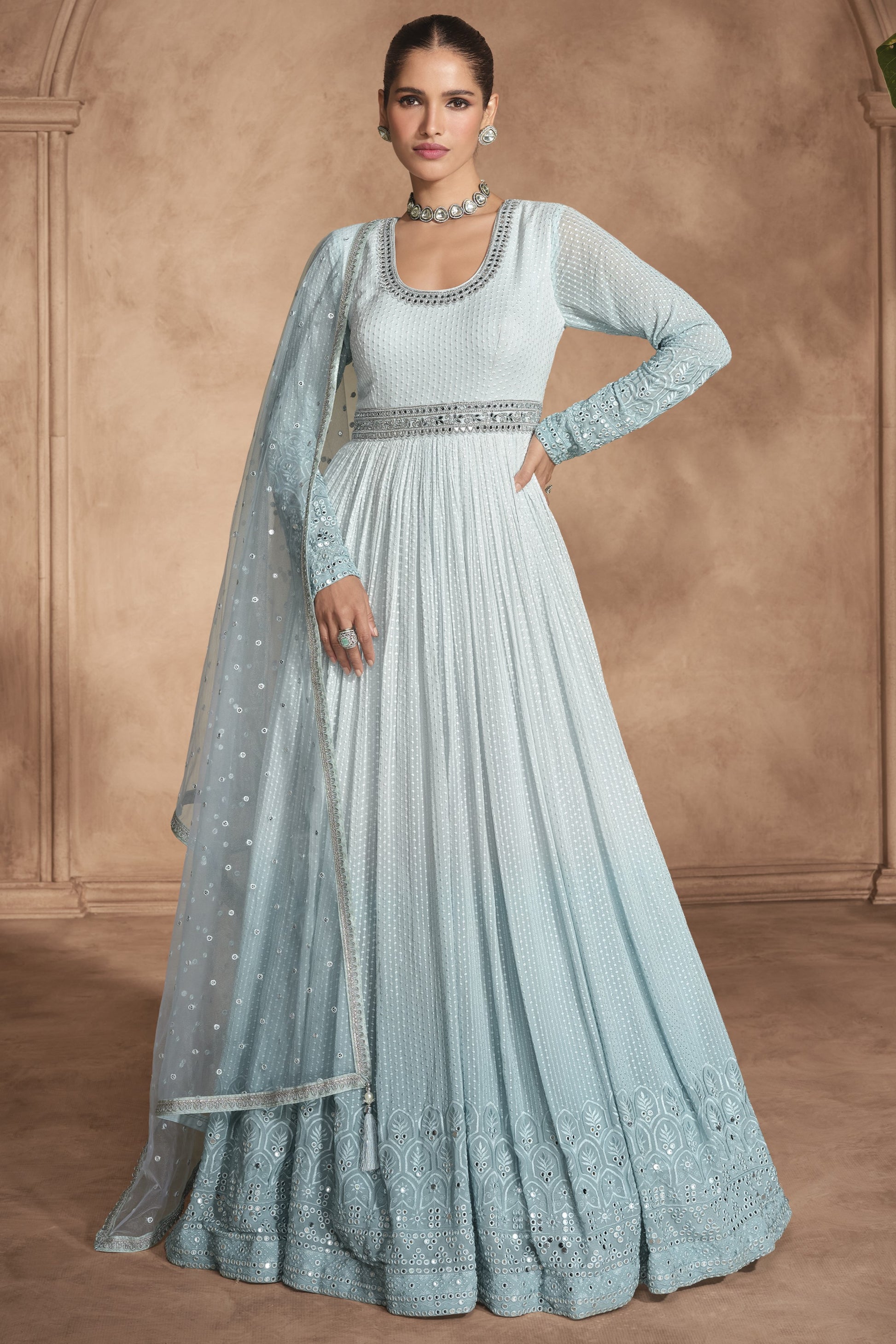 Sky Blue Dual Color Georgette Floor Full Length Anarkali Suit Dress For Indian Festivals & Weddings - Chikankari Embroidery Work