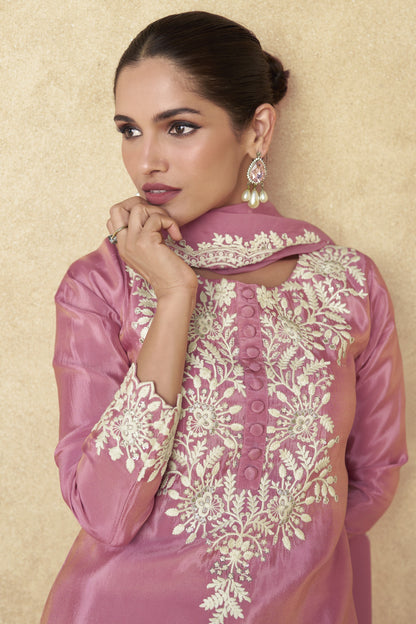 Pink Simar Silk Sharara Suit Dress For Indian Festivals & Pakistani Weddings - Thread Embroidery Work