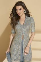 Grayish Blue Georgette Palazo Suit For Indian & Pakistani Wedding Festival - Sequence & Thread Embroidery Work