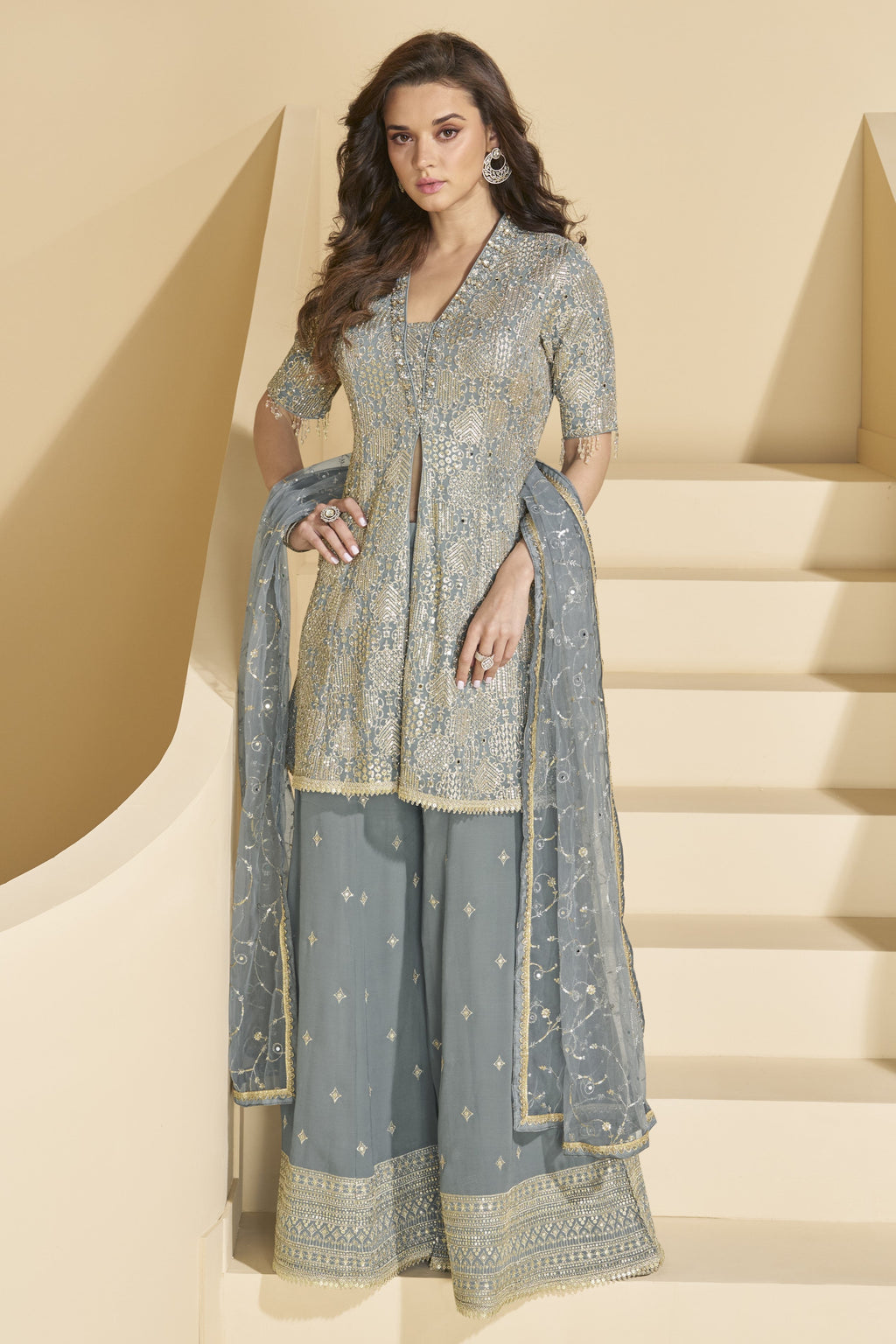 Grayish Blue Georgette Palazo Suit For Indian & Pakistani Wedding Festival - Sequence & Thread Embroidery Work