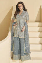Grayish Blue Georgette Palazo Suit For Indian & Pakistani Wedding Festival - Sequence & Thread Embroidery Work