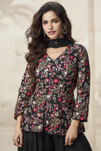 Black Chinon Silk Palazzo Suit For Indian Wedding & Pakistani Festival - Embroidery Work