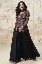 Black Chinon Silk Palazzo Suit For Indian Wedding & Pakistani Festival - Embroidery Work
