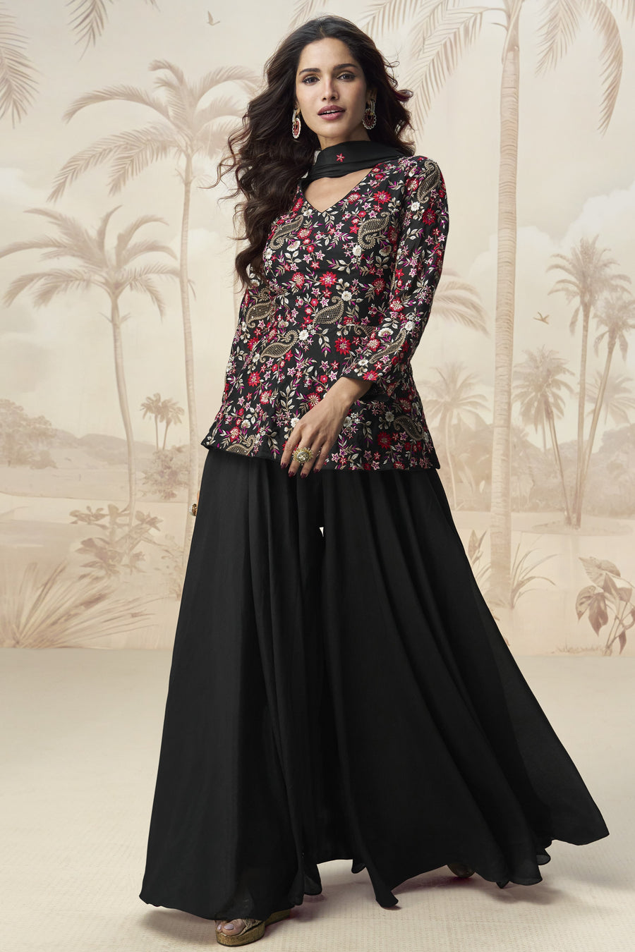 Black Chinon Silk Palazzo Suit For Indian Wedding & Pakistani Festival - Embroidery Work