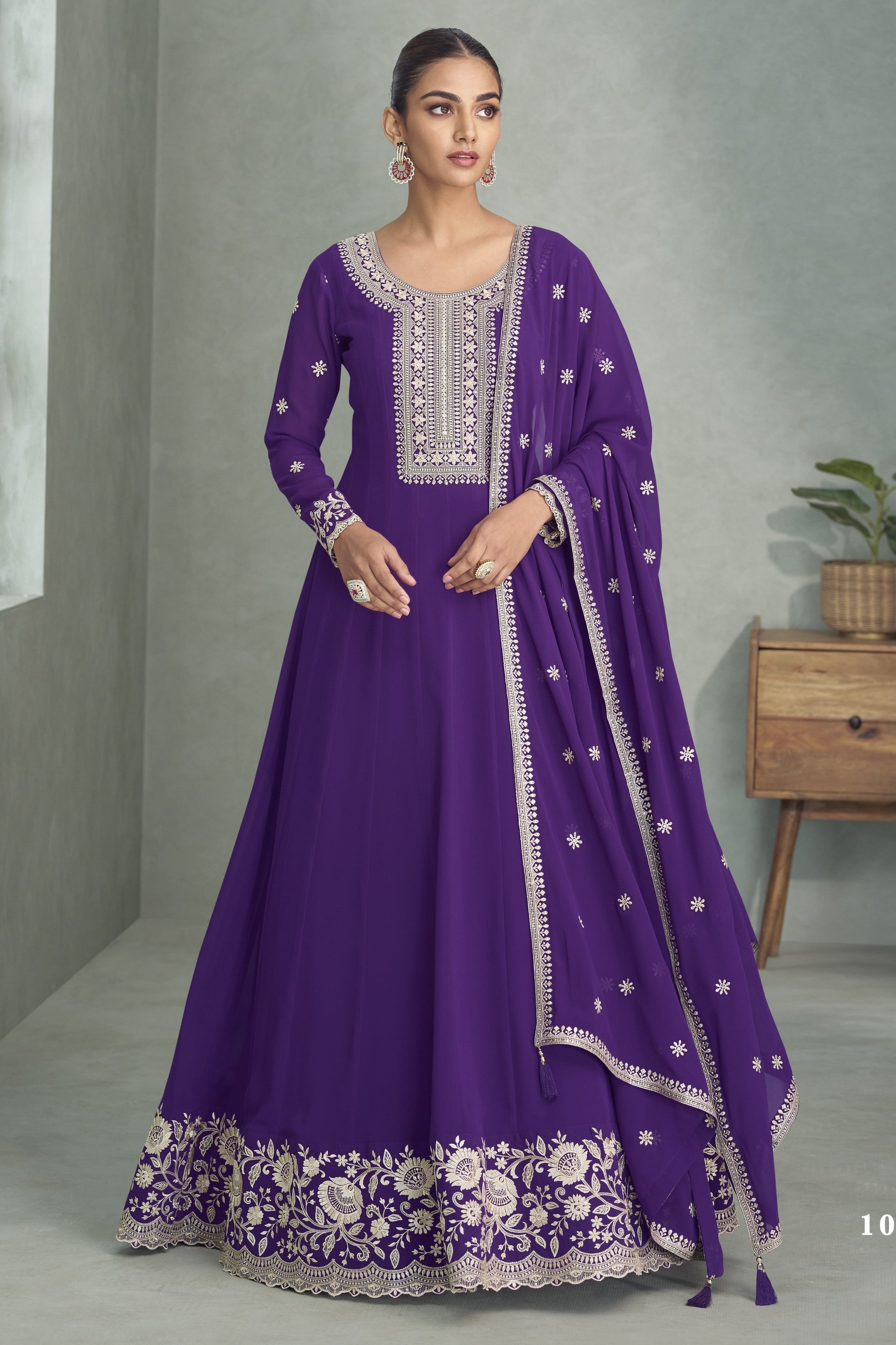 Violet Georgette Anarkali Suit For Indian & Pakistani Wedding Festival - Embroidery Work