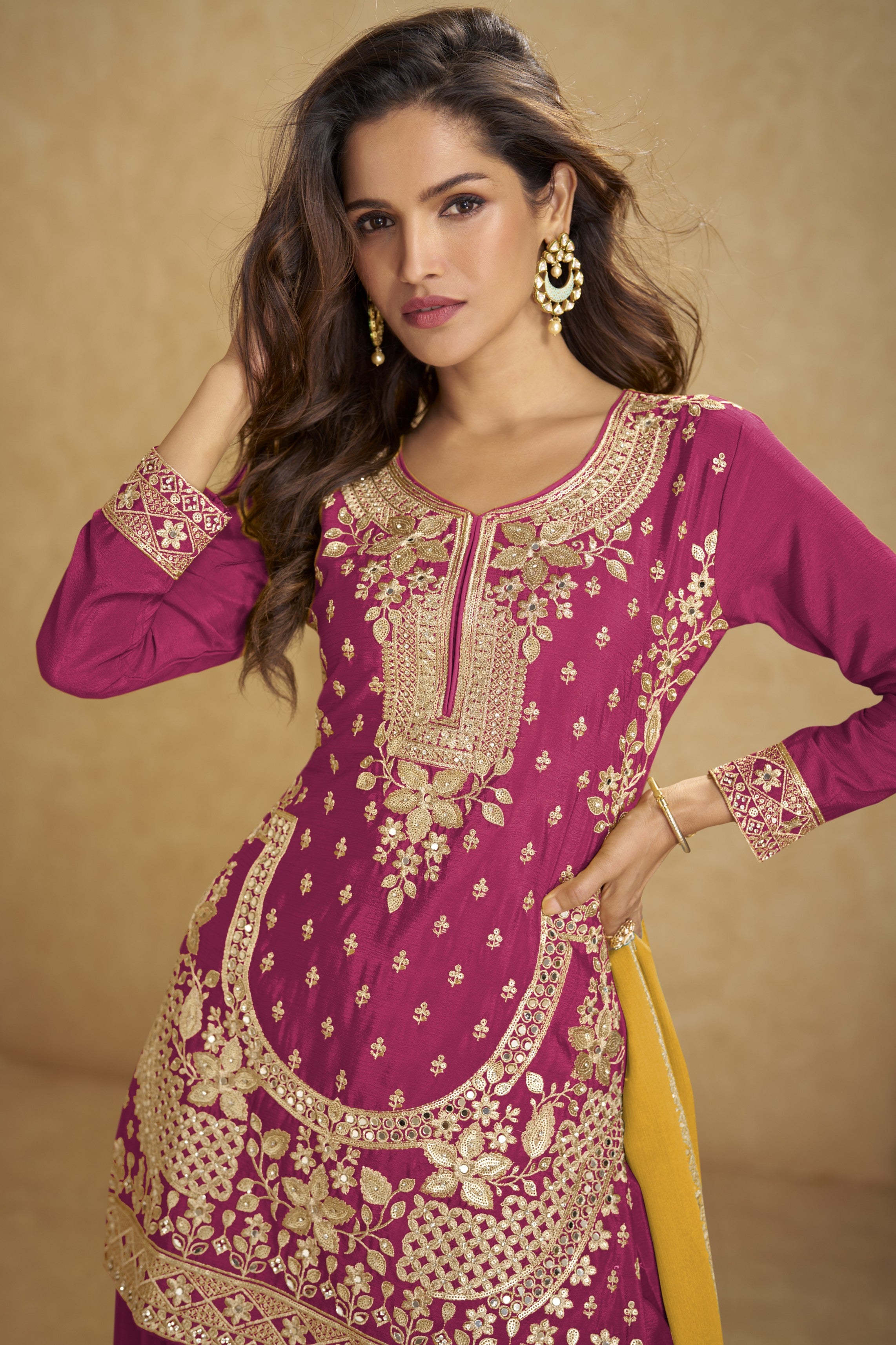 Pink Chinon Silk Plazo Suit For Indian & Pakistani Wedding Festival - Thread Embroidery Work