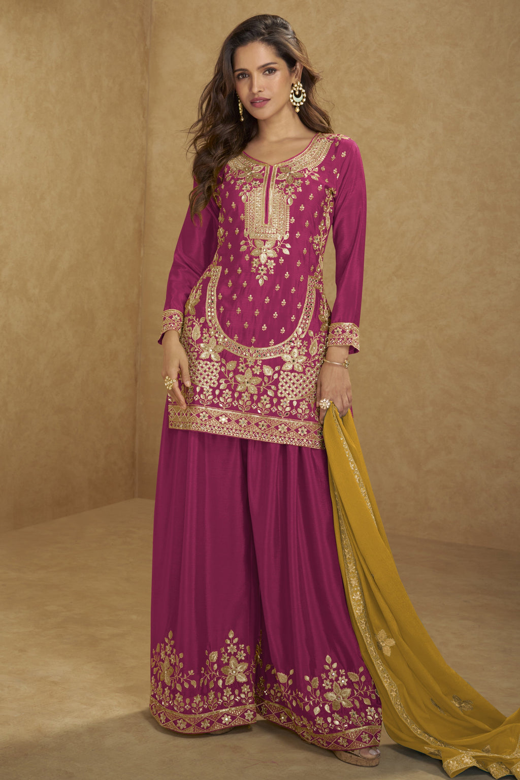 Pink Chinon Silk Plazo Suit For Indian & Pakistani Wedding Festival - Thread Embroidery Work