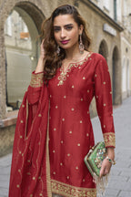 Red Chinon Silk Kameez With Sharara Suit For Indian & Pakistani Wedding Festival - Print Work, Thread & Sequence Embroidery