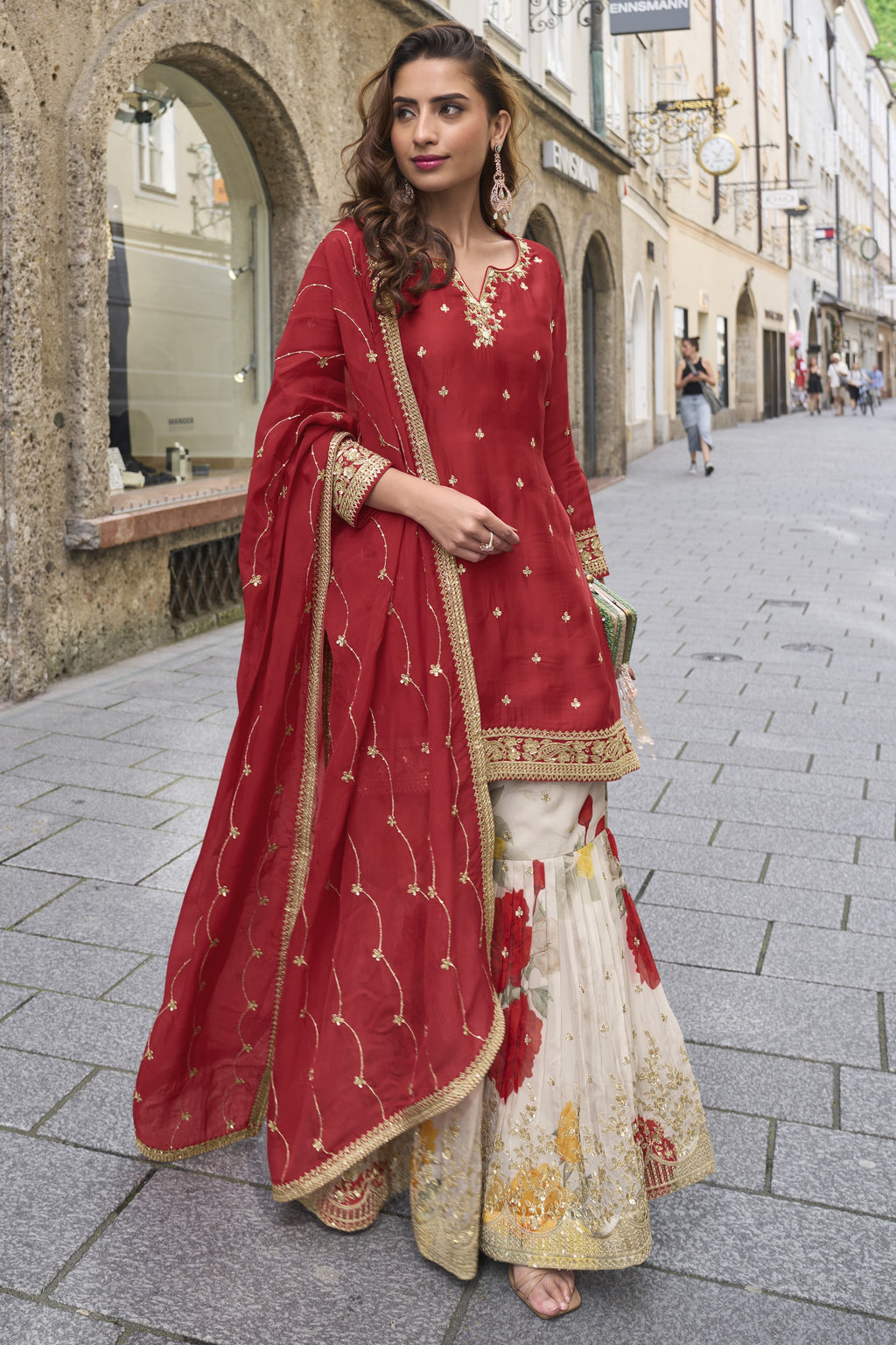Red Chinon Silk Kameez With Sharara Suit For Indian & Pakistani Wedding Festival - Print Work, Thread & Sequence Embroidery