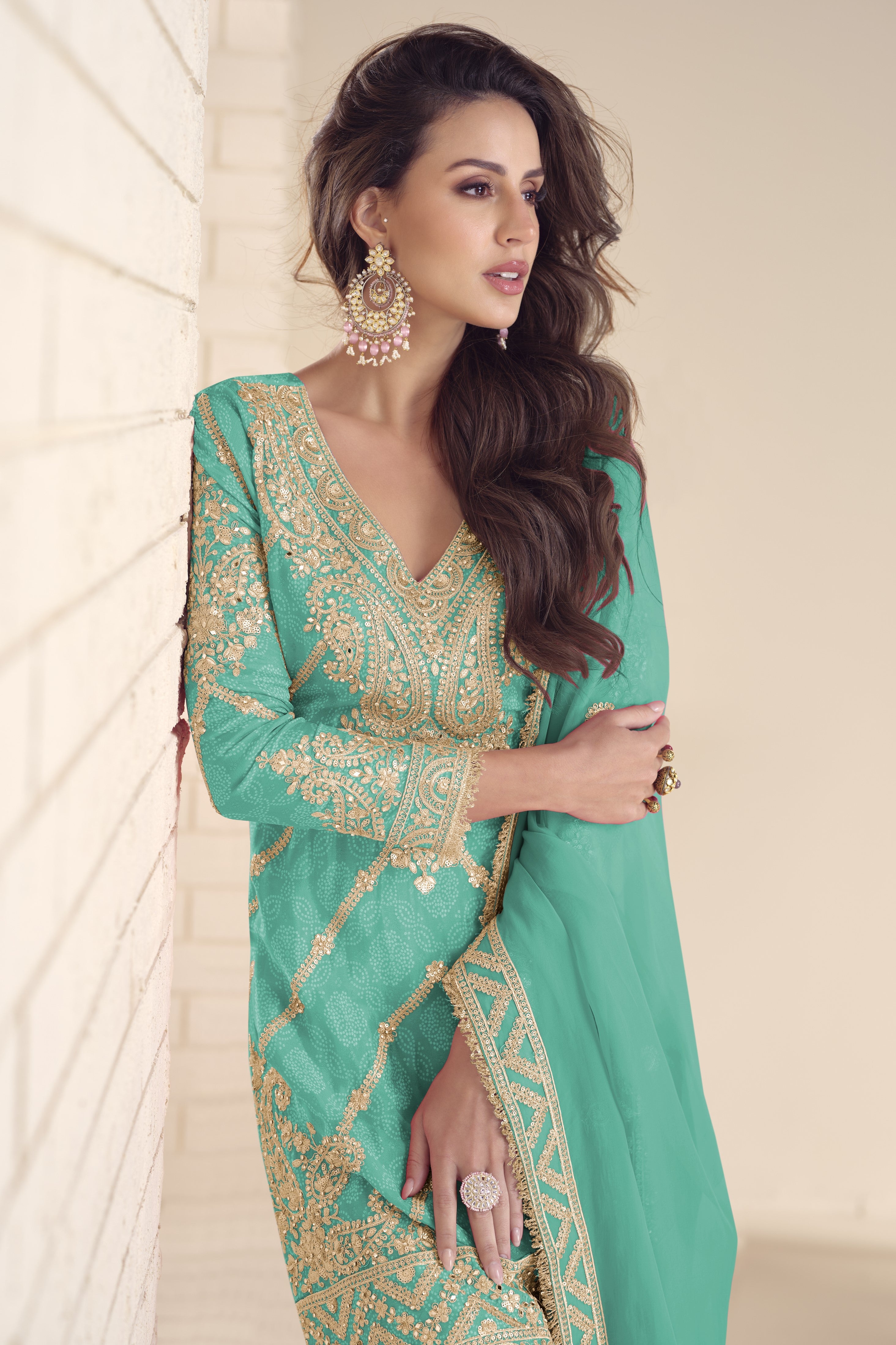 Teal Blue Chinon Silk Kameez With Palazzo Suit For Indian & Pakistani Wedding Festival - Print Work, Thread & Sequence Embroidery