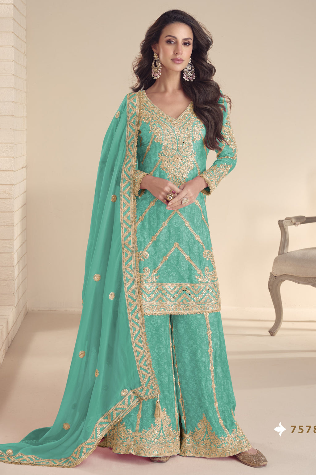 Teal Blue Chinon Silk Kameez With Palazzo Suit For Indian & Pakistani Wedding Festival - Print Work, Thread & Sequence Embroidery
