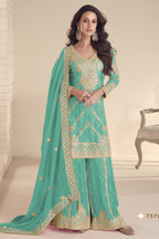 Teal Blue Chinon Silk Kameez With Palazzo Suit For Indian & Pakistani Wedding Festival - Print Work, Thread & Sequence Embroidery