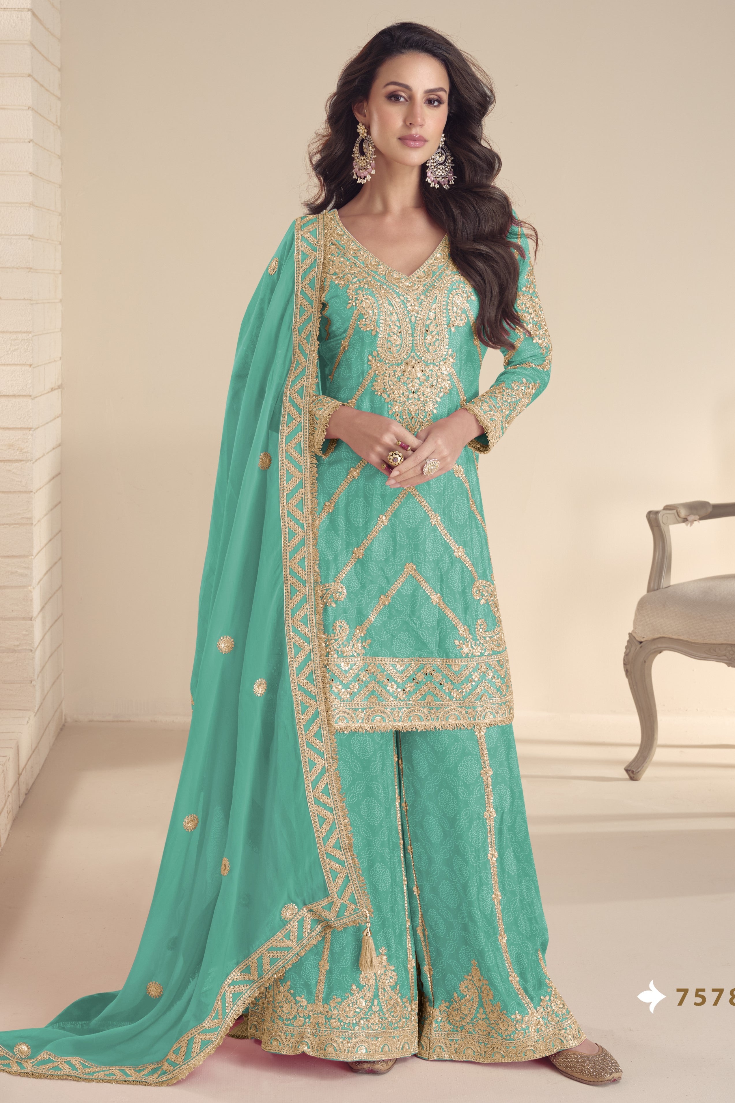 Teal Blue Chinon Silk Kameez With Palazzo Suit For Indian & Pakistani Wedding Festival - Print Work, Thread & Sequence Embroidery