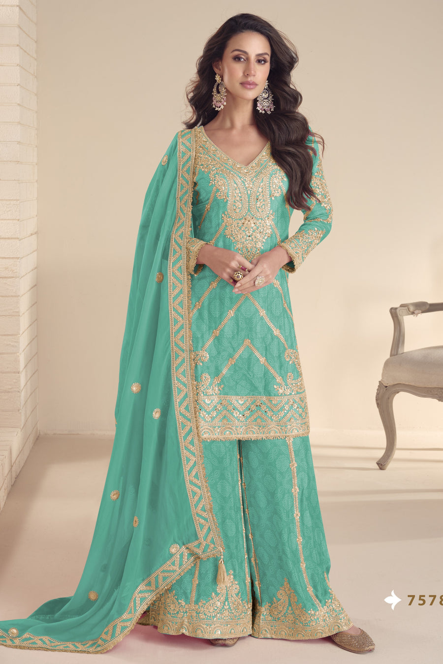 Teal Blue Chinon Silk Kameez With Palazzo Suit For Indian & Pakistani Wedding Festival - Print Work, Thread & Sequence Embroidery