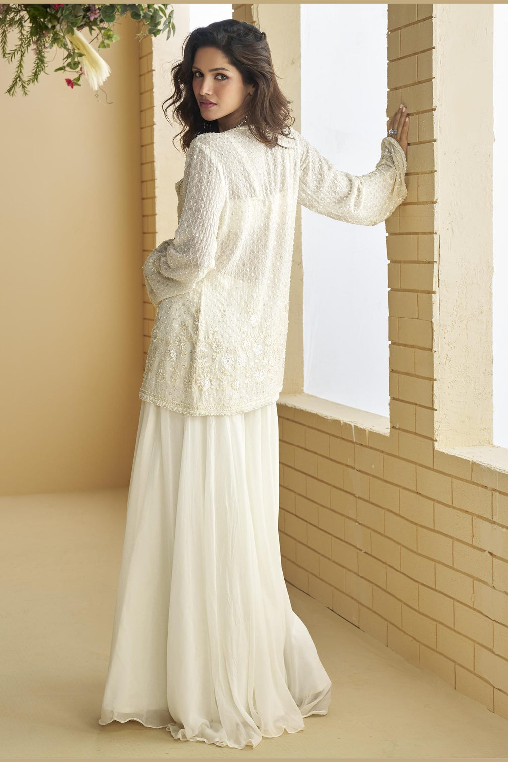 White Chinon Silk Palazzo Choli With Jacket For Indian & Pakistani Wedding Festival - Embroidery Work