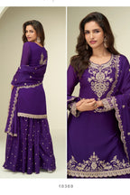 Purple Chinon Silk Plazo Suit For Indian & Pakistani Wedding Festival - Thread & Sequins Embroidery Work
