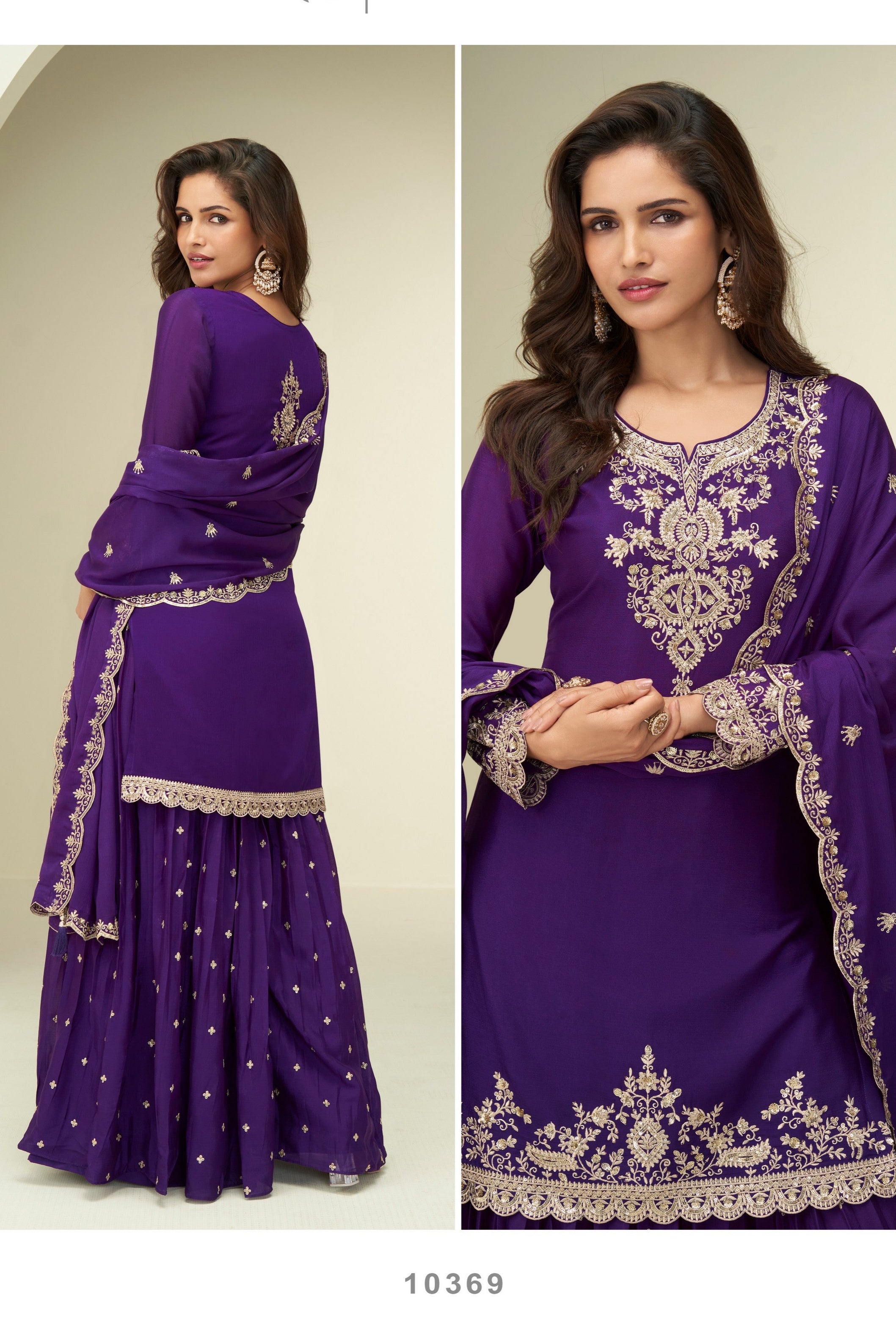 Purple Chinon Silk Plazo Suit For Indian & Pakistani Wedding Festival - Thread & Sequins Embroidery Work