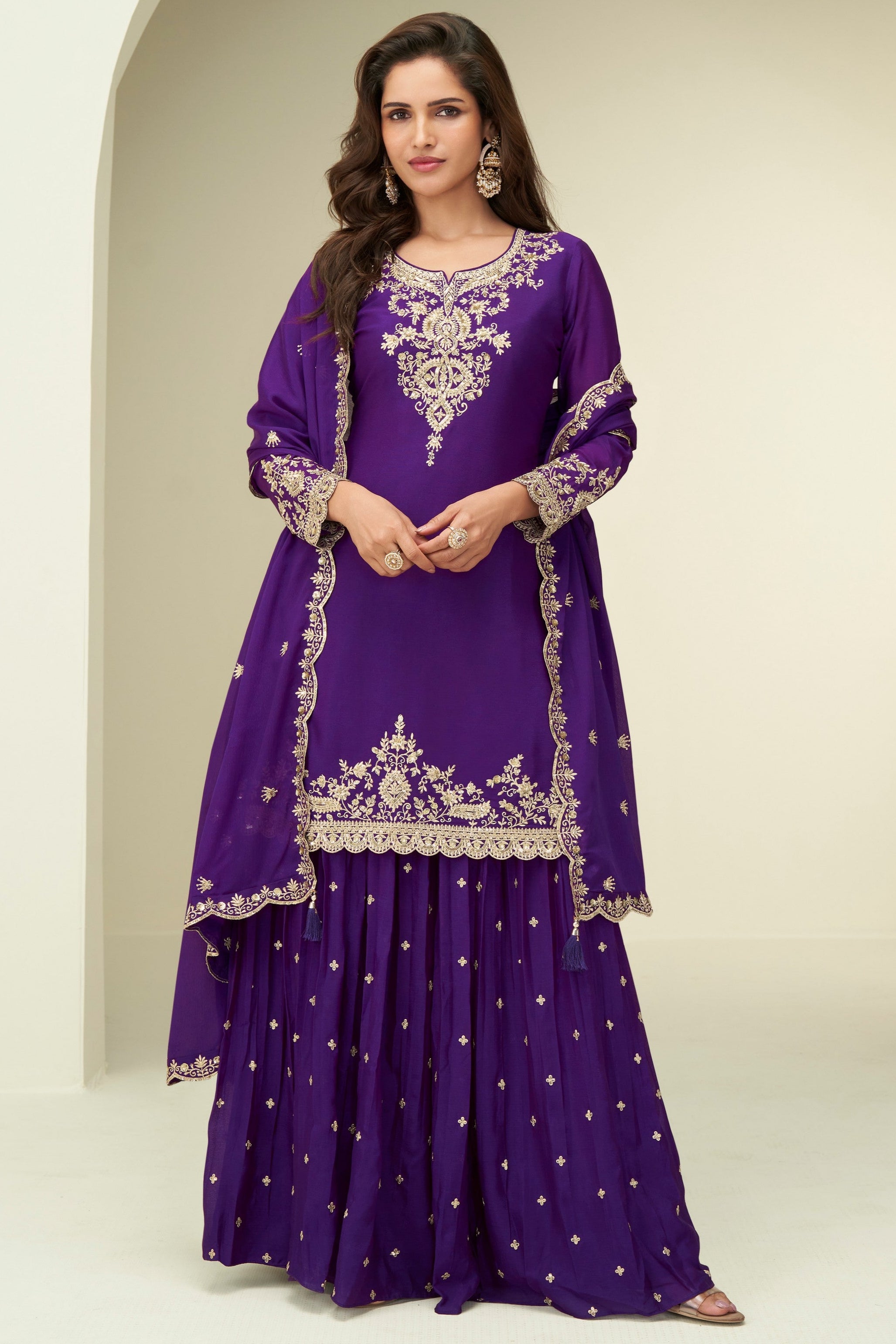 Purple Chinon Silk Plazo Suit For Indian & Pakistani Wedding Festival - Thread & Sequins Embroidery Work