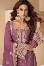 Purple Chinon Silk Palazzo Suit For Indian & Pakistani Wedding Festival - Sequins & Thread Embroidery Work
