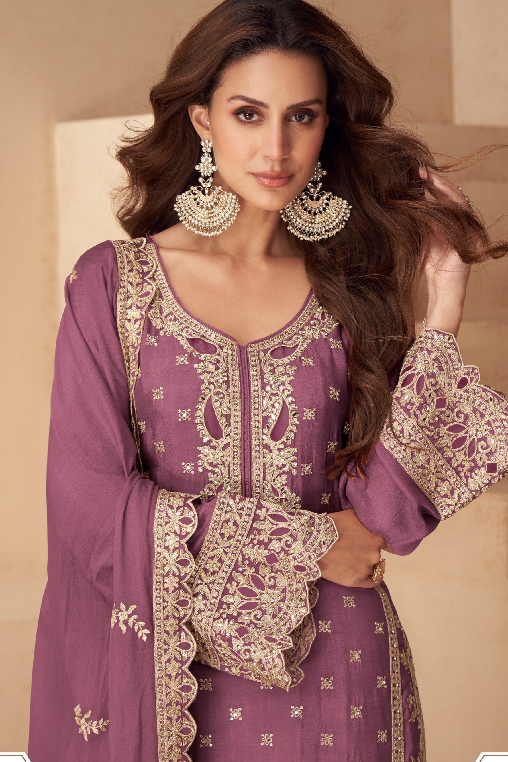 Purple Chinon Silk Palazzo Suit For Indian & Pakistani Wedding Festival - Sequins & Thread Embroidery Work