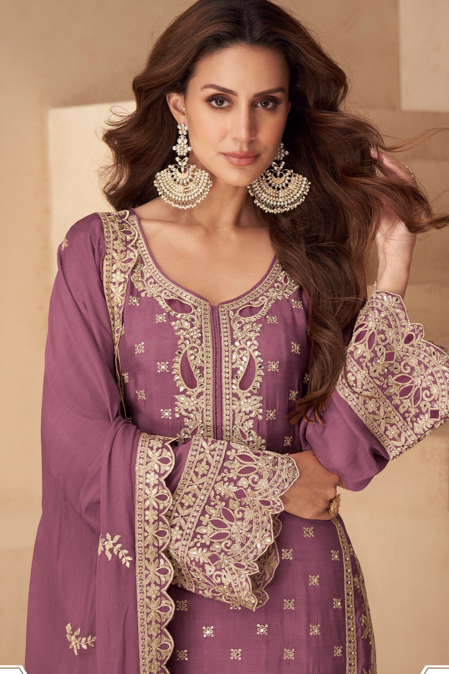 Purple Chinon Silk Palazzo Suit For Indian & Pakistani Wedding Festival - Sequins & Thread Embroidery Work