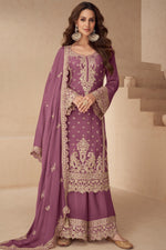 Purple Chinon Silk Palazzo Suit For Indian & Pakistani Wedding Festival - Sequins & Thread Embroidery Work
