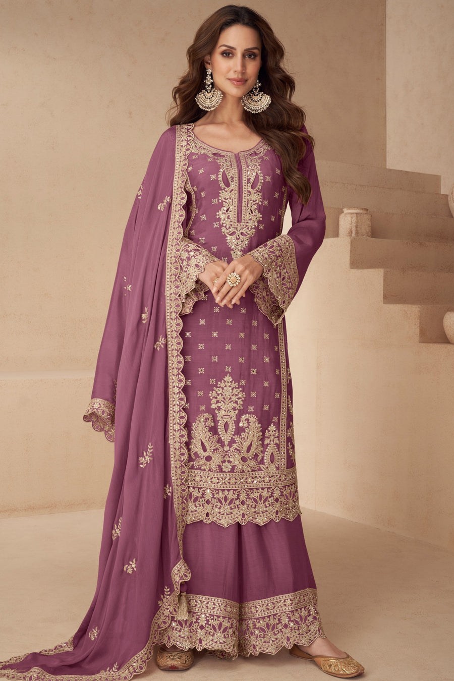 Purple Chinon Silk Palazzo Suit For Indian & Pakistani Wedding Festival - Sequins & Thread Embroidery Work