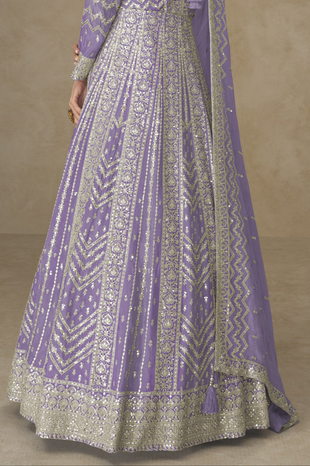 Purple Chinon Silk Anarkali Suit For Indian & Pakistani Wedding Festival - Thread Sequence Embroidery