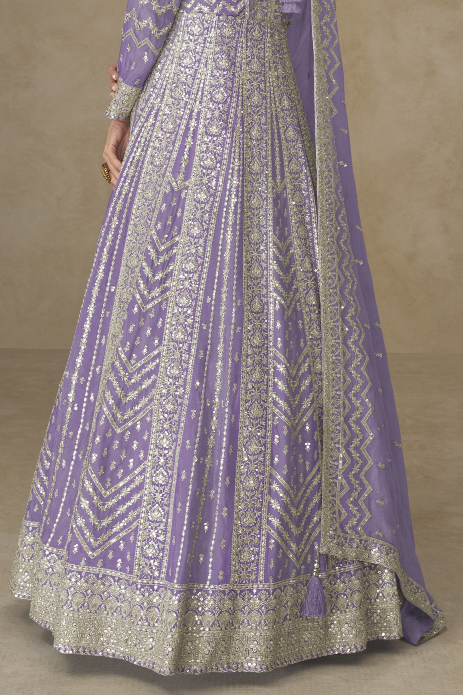 Purple Chinon Silk Anarkali Suit For Indian & Pakistani Wedding Festival - Thread Sequence Embroidery