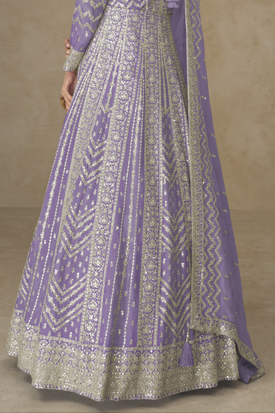 Purple Chinon Silk Anarkali Suit For Indian & Pakistani Wedding Festival - Thread Sequence Embroidery