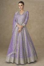 Purple Chinon Silk Anarkali Suit For Indian & Pakistani Wedding Festival - Thread Sequence Embroidery