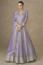 Purple Chinon Silk Anarkali Suit For Indian & Pakistani Wedding Festival - Thread Sequence Embroidery