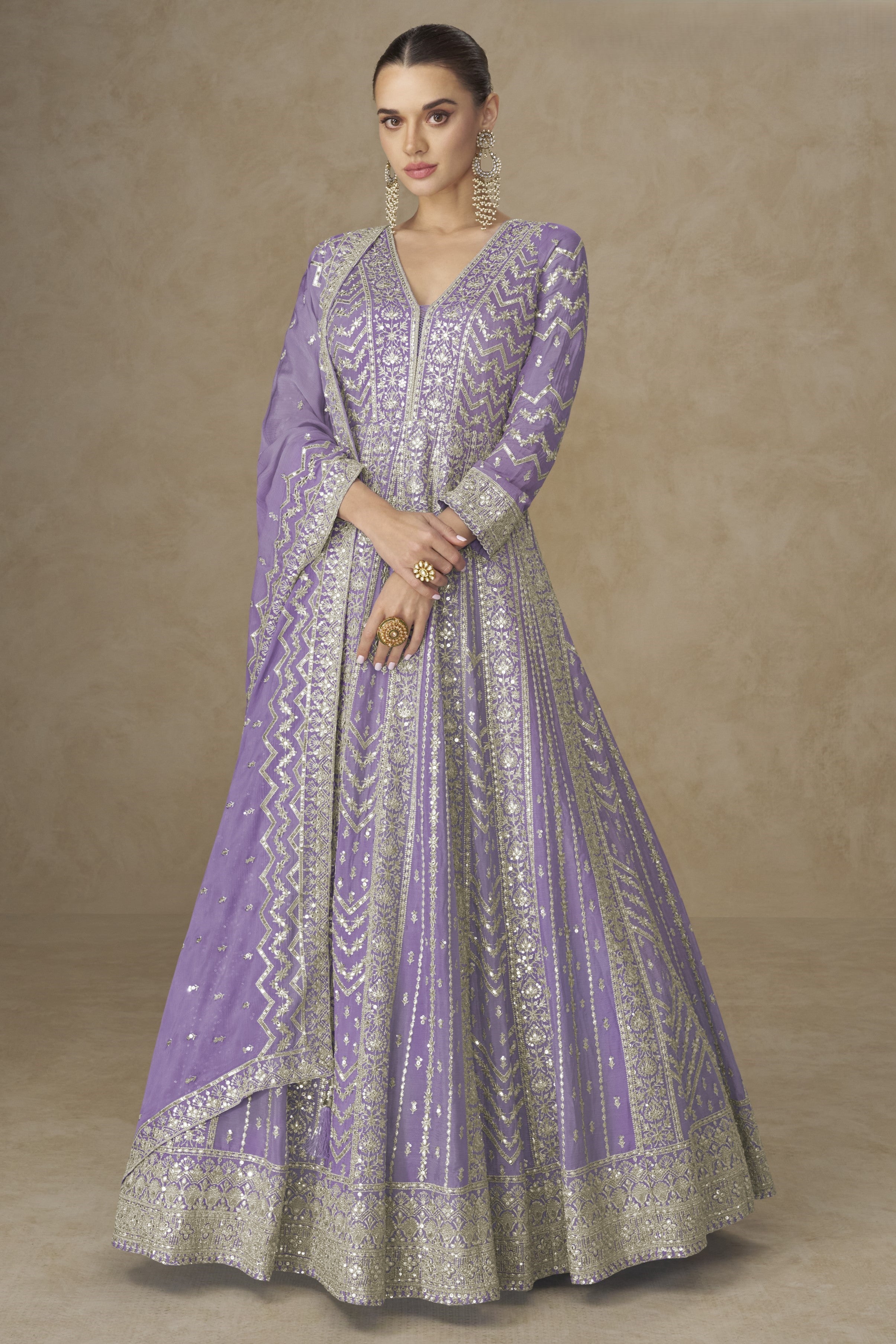 Purple Chinon Silk Anarkali Suit For Indian & Pakistani Wedding Festival - Thread Sequence Embroidery