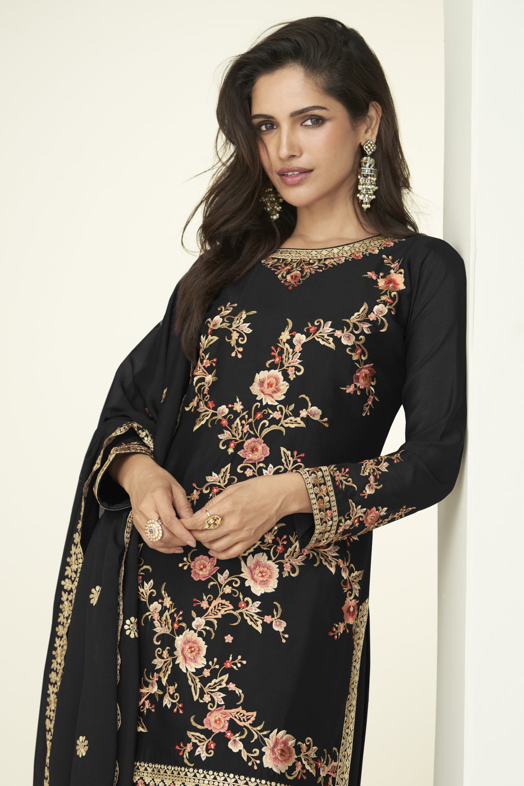 Black Chinon Silk Palazzo Suit For Indian & Pakistani Wedding Festival - Thread Embroidery Work