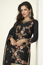 Black Chinon Silk Palazzo Suit For Indian & Pakistani Wedding Festival - Thread Embroidery Work