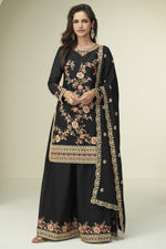 Black Chinon Silk Palazzo Suit For Indian & Pakistani Wedding Festival - Thread Embroidery Work