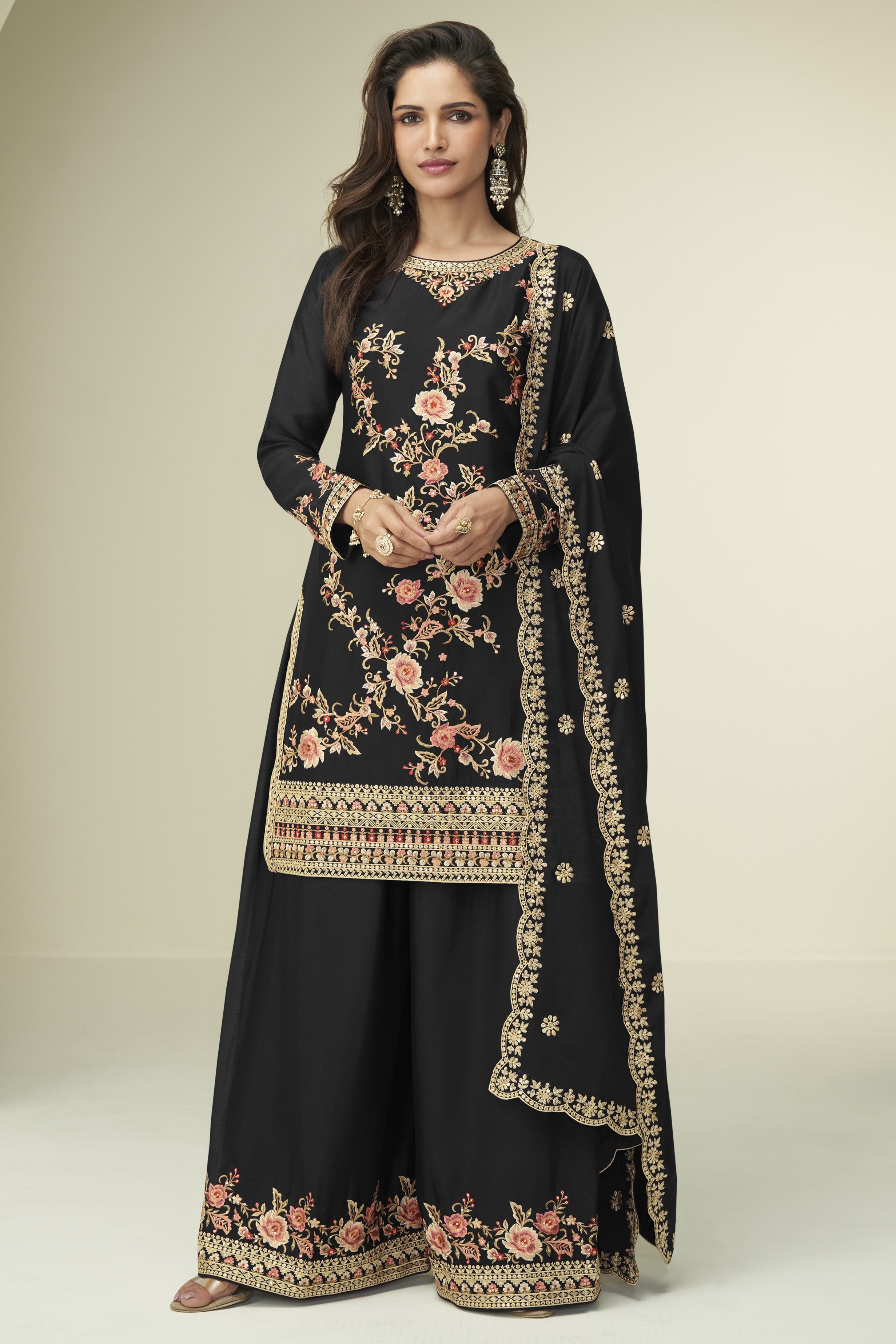 Black Chinon Silk Palazzo Suit For Indian & Pakistani Wedding Festival - Thread Embroidery Work