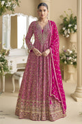 Rani Pink Georgette Anarkali Suit For Indian & Pakistani Wedding Festival - Thread & Sequins Embroidery Work, Swarovski Work