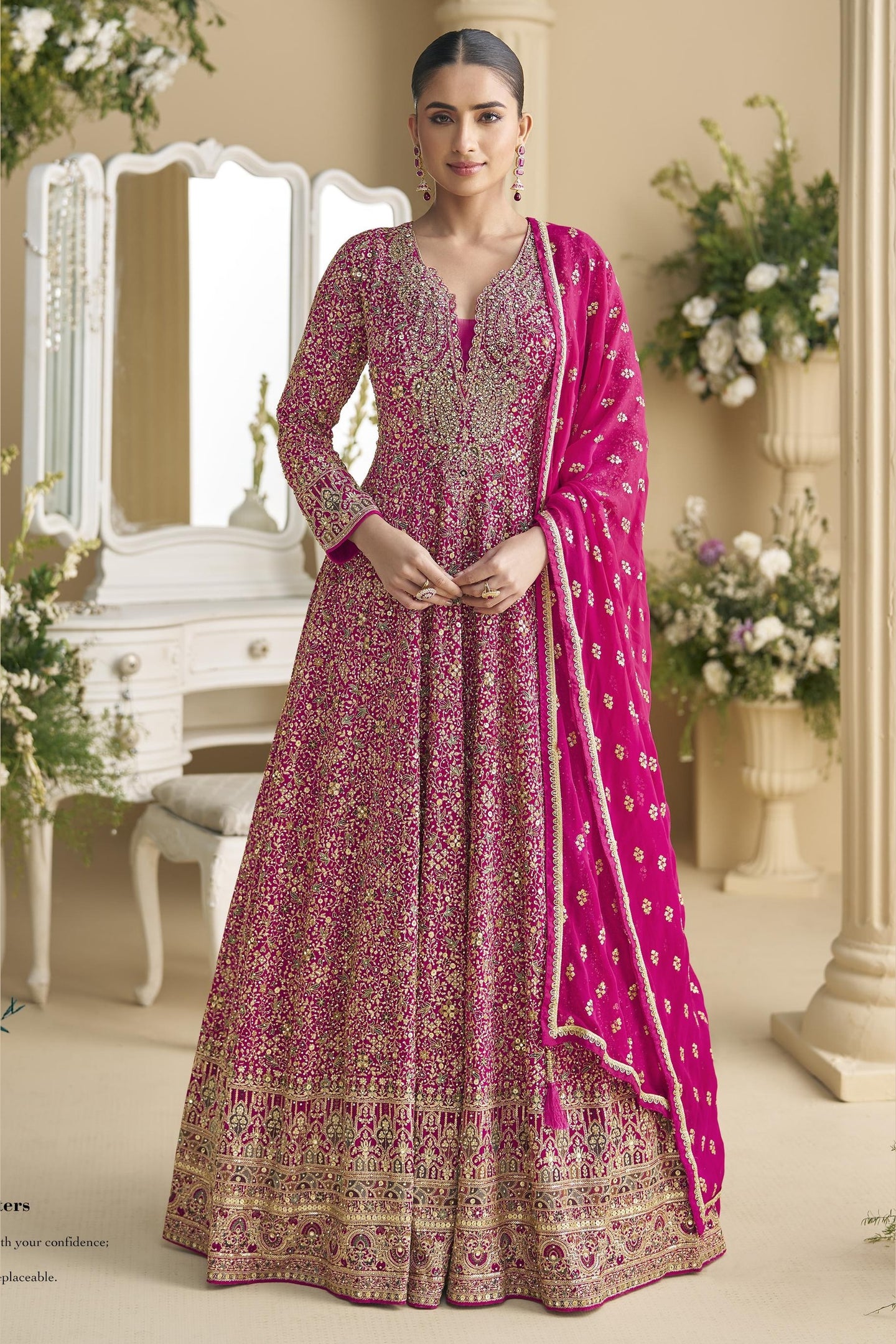 Rani Pink Georgette Anarkali Suit For Indian & Pakistani Wedding Festival - Thread & Sequins Embroidery Work, Swarovski Work