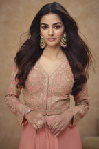 Pink Simmer Silk Plazo Suit For Indian & Pakistani Wedding Festival - Embroidery Work