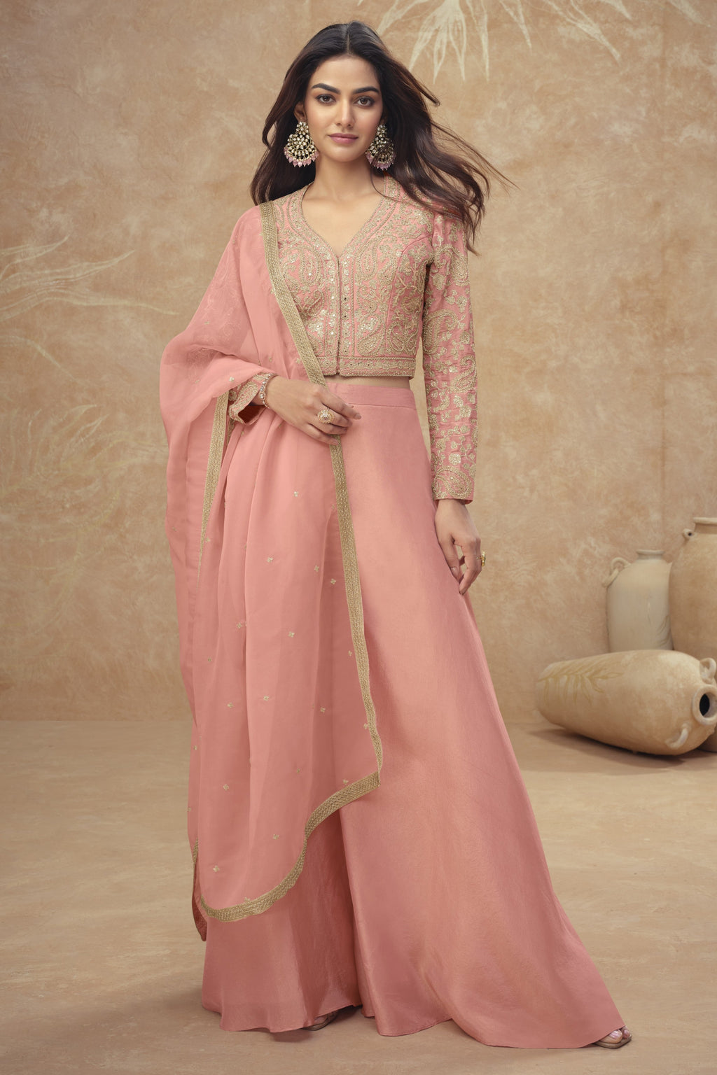 Pink Simmer Silk Plazo Suit For Indian & Pakistani Wedding Festival - Embroidery Work