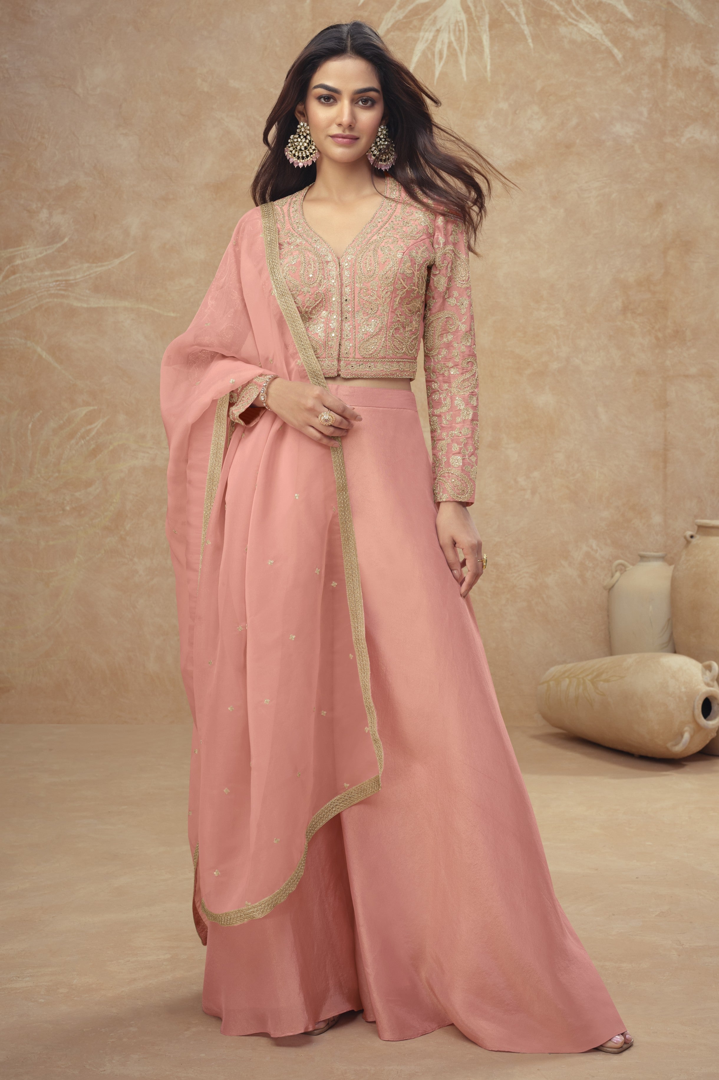 Pink Simmer Silk Plazo Suit For Indian & Pakistani Wedding Festival - Embroidery Work