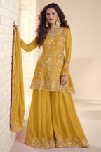Yellow Chinon Silk Plazo Suit For Indian & Pakistani Wedding Festival - Thread & Sequins Embroidery Work, Hand Work