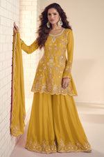 Yellow Chinon Silk Plazo Suit For Indian & Pakistani Wedding Festival - Thread & Sequins Embroidery Work, Hand Work