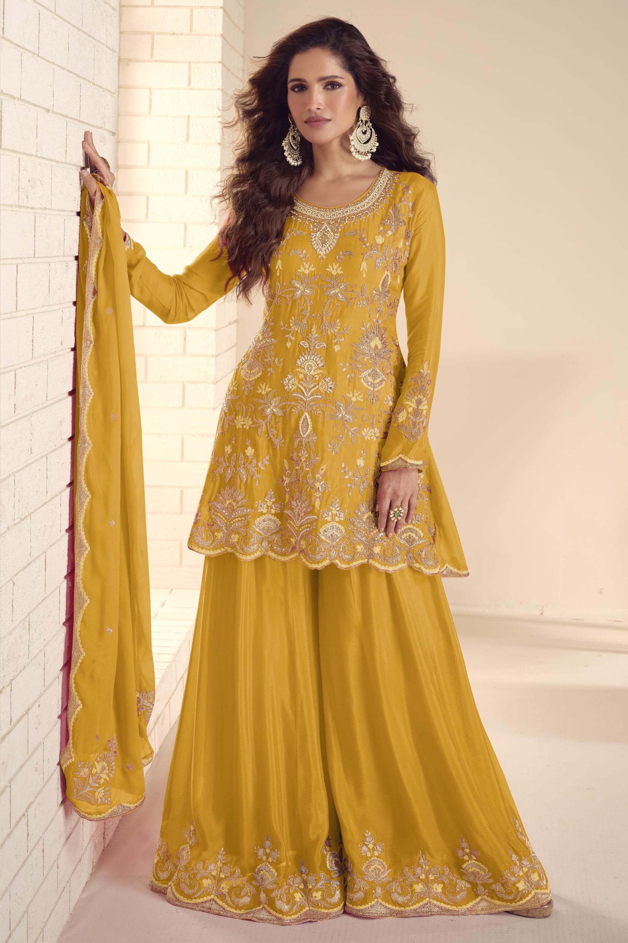 Yellow Chinon Silk Plazo Suit For Indian & Pakistani Wedding Festival - Thread & Sequins Embroidery Work, Hand Work